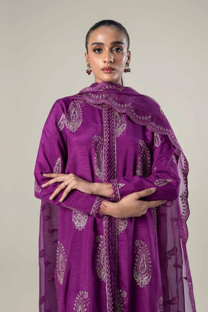 Embroidered Raw Silk Suit: Purple Organza Dupatta - Maria.B (Medium) - Shirt and Dupatta