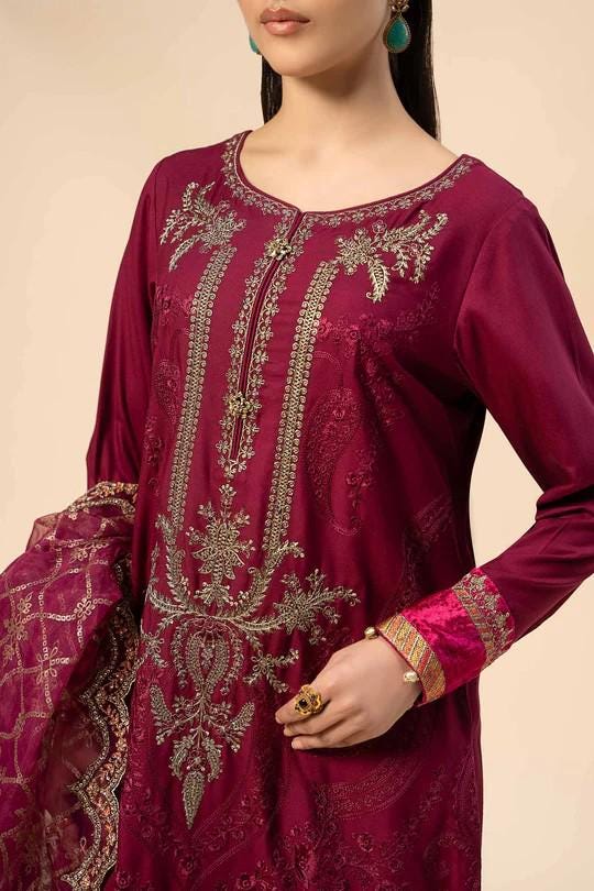 Maria.B - Farshi Shalwar 3 Piece Embroidered Linen Suit - Maroon