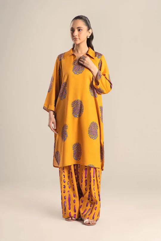 Maria.B - Farshi Shalwar Suit - 2 Piece Arabic Lawn Suit  (Medium, Large) - Mustard