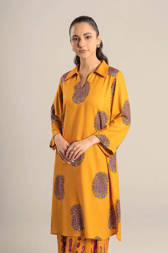 Maria.B - Farshi Shalwar Suit - 2 Piece Arabic Lawn Suit  (Medium, Large) - Mustard
