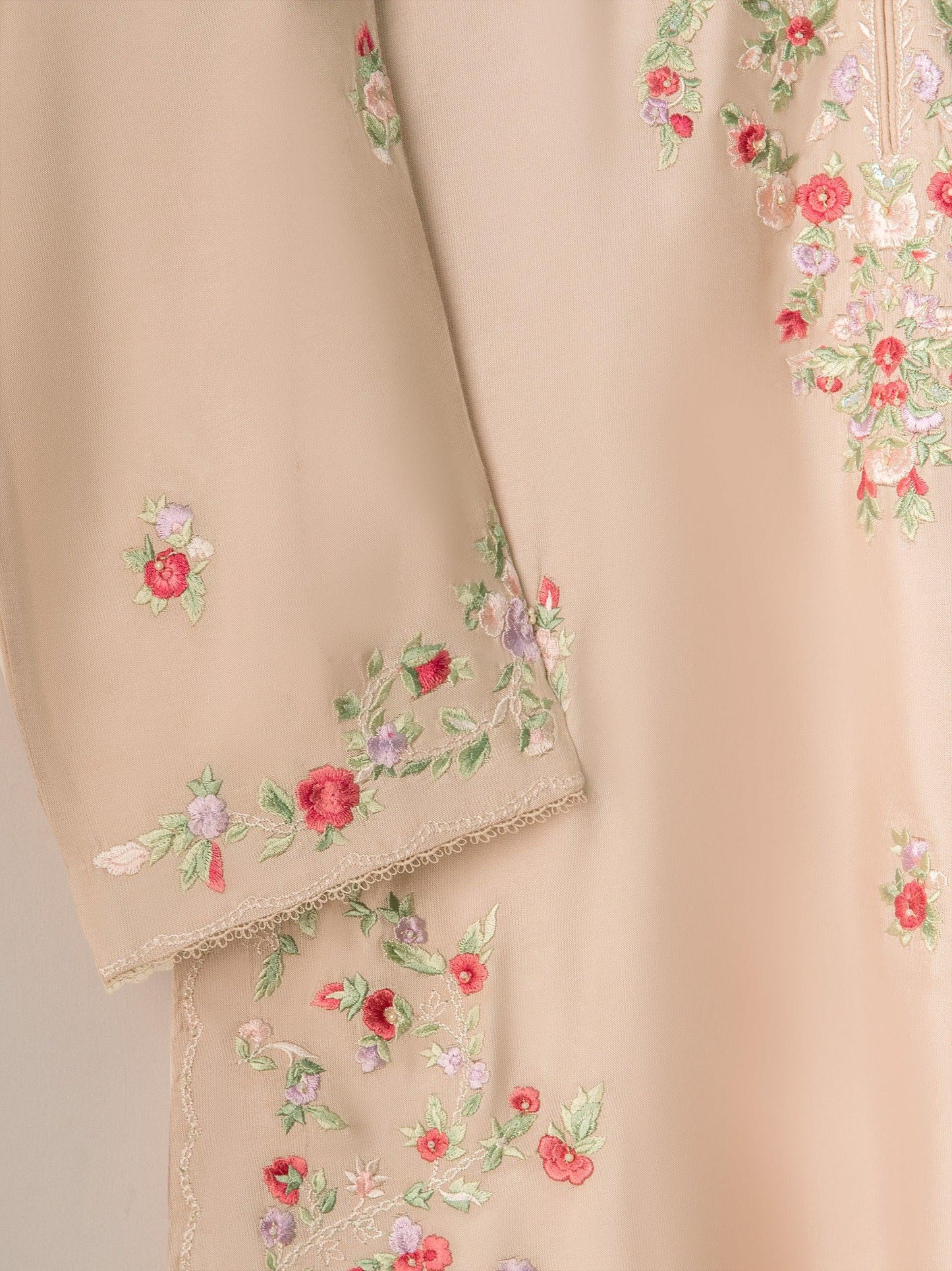 Agha noor 2 Piece Pure Silk Net Embroidered Suit Size (Large) Raw Silk Pants - Beige
