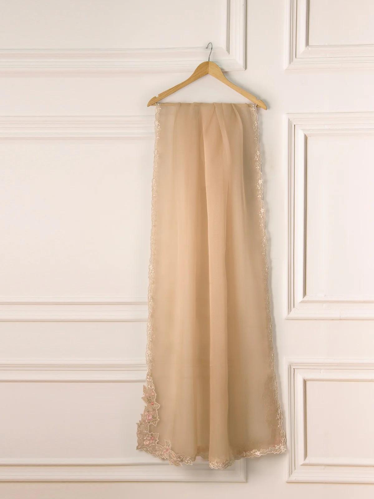 Agha noor 3 Piece Embroidered Organza Suit -Size  (Large) - Beige