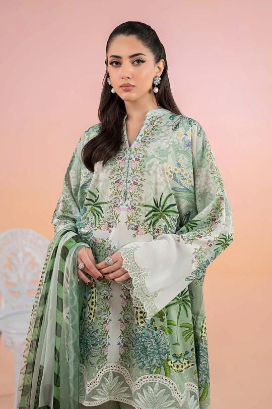 Maria.B - 3 Piece Printed Lawn Suit  (Large) - Green Palm Tree Design