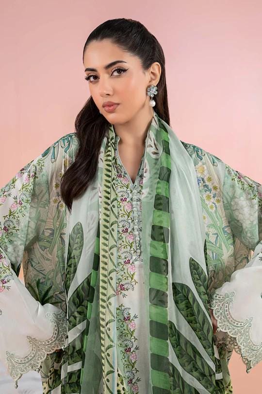 Maria.B - 3 Piece Printed Lawn Suit  (Large) - Green Palm Tree Design