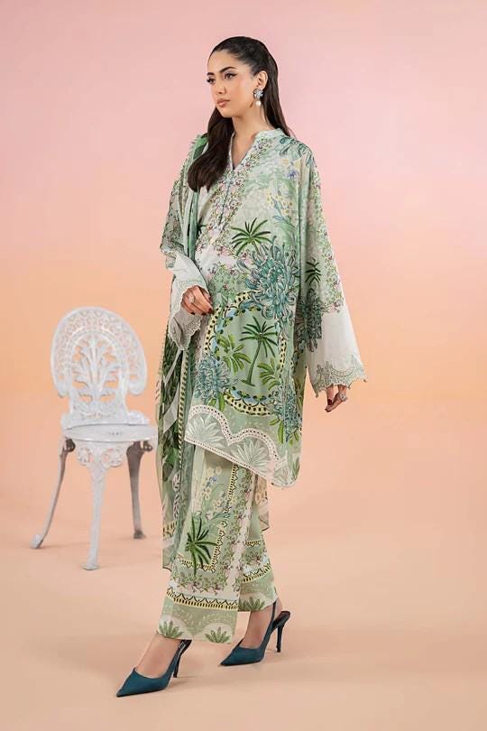 Maria.B - 3 Piece Printed Lawn Suit  (Large) - Green Palm Tree Design