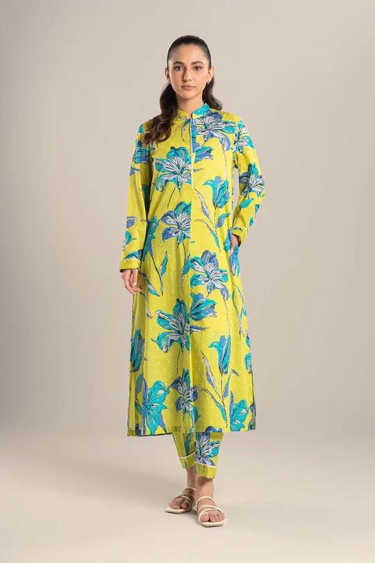 Maria.B - 2 Pc Printed Brochia Suit - Size - Large - Neon Green