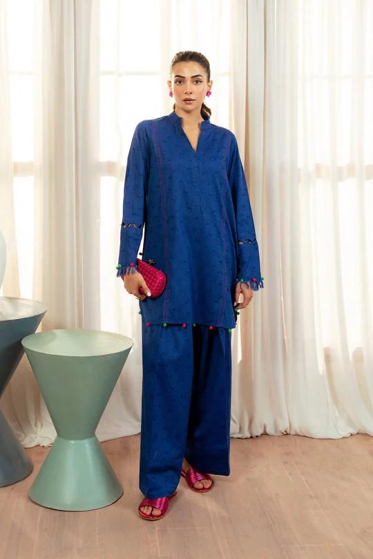 Maria.B - Farshi Shalwar Suit - 2 Pc Dyed Jacquard Viscose Suit  (Medium, Large, XL) - Blue