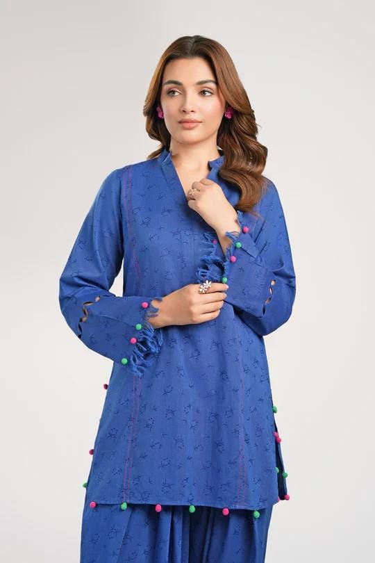 Maria.B - Farshi Shalwar Suit - 2 Pc Dyed Jacquard Viscose Suit  (Medium, Large, XL) - Blue