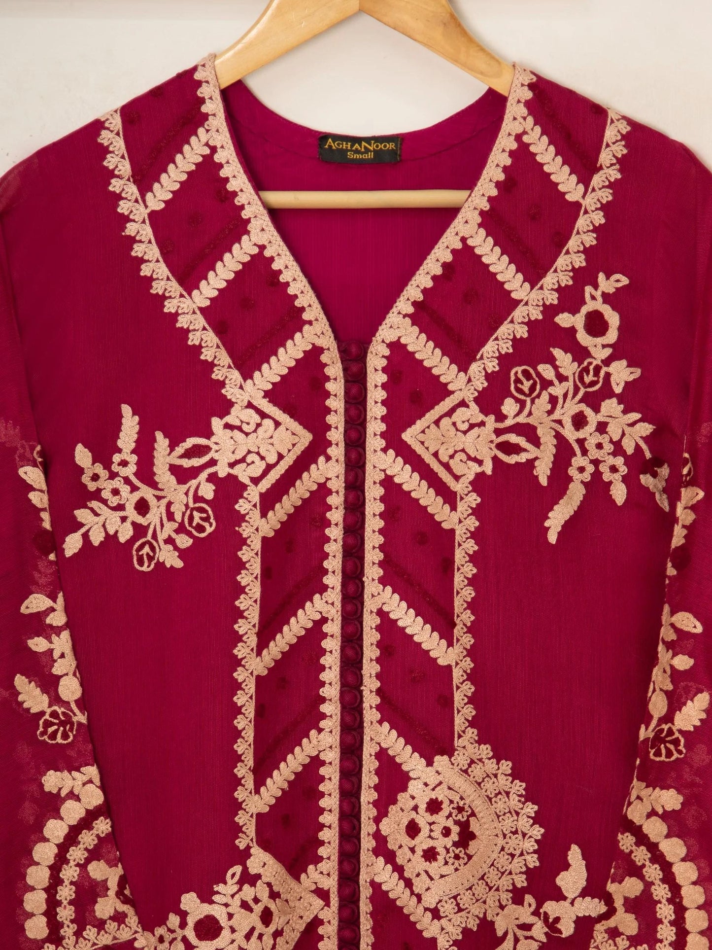 Aghanoor 3 Piece Pure Cotton Net Embroidered Suit (Size Large, Medium) - Maroon