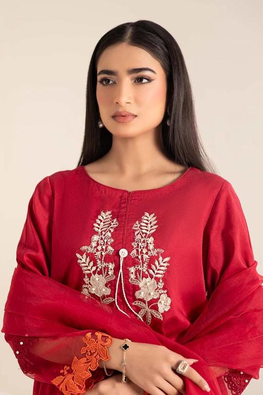 Maria.B - 3 Piece Farshi Shalwar Embroidered Self Jacquard Lawn Suit - (Size Large)