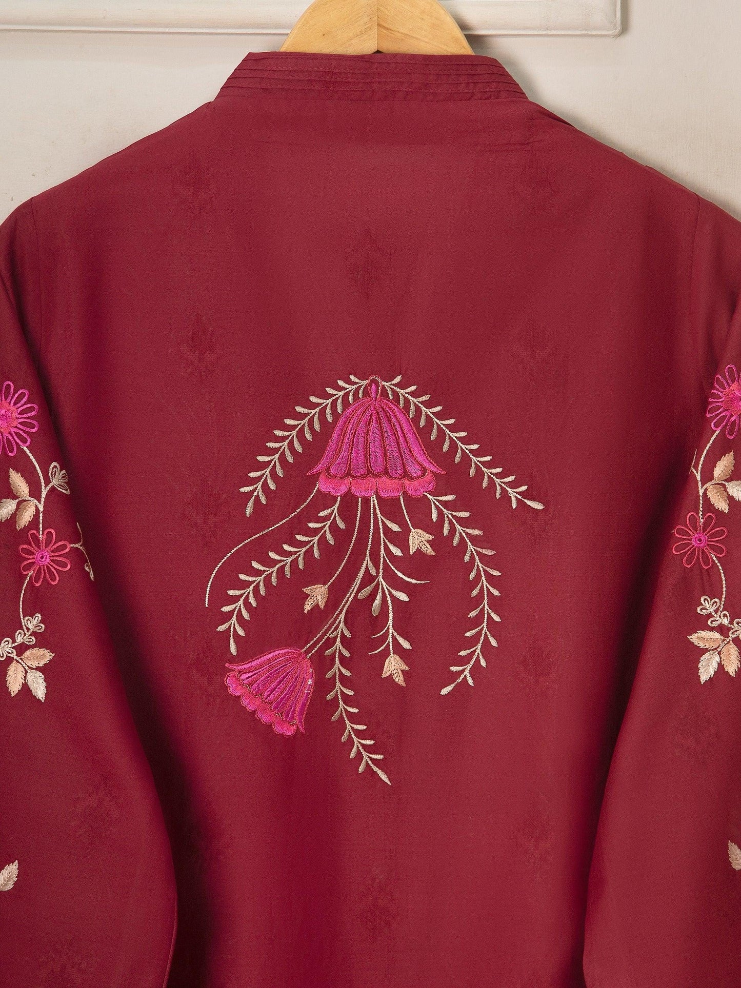 Aghanoor 2 piece - Embroidered Jacquard Suit - Maroon