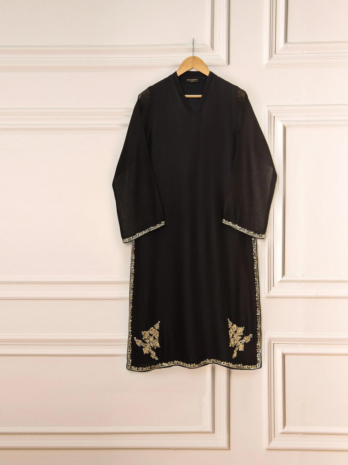 Aghanoor 3 Piece Pure Cotton Net Embroidered Suit Size - (Medium) Silk Pants Black