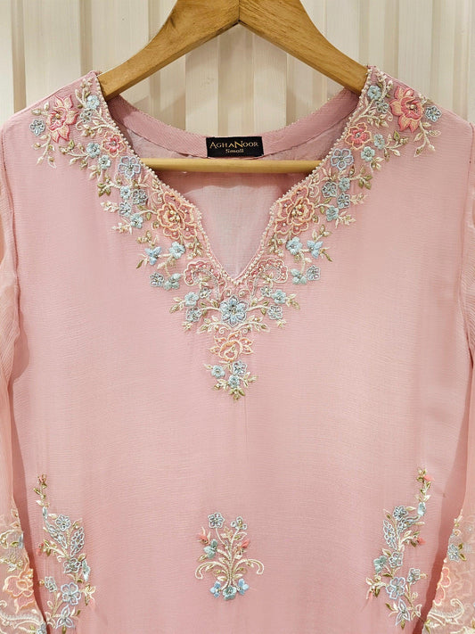 Aghanoor  2 Piece - Pure Chiffon Embroidered Suit (Size - Medium, Large, XL) - Pink