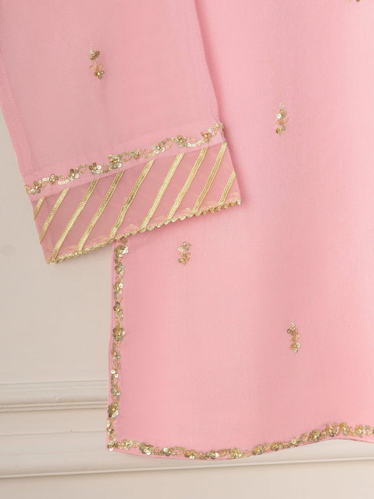 Agha Noor 3 Piece Pure Cotton Net Embroidered Suit Size (Small) - Pink