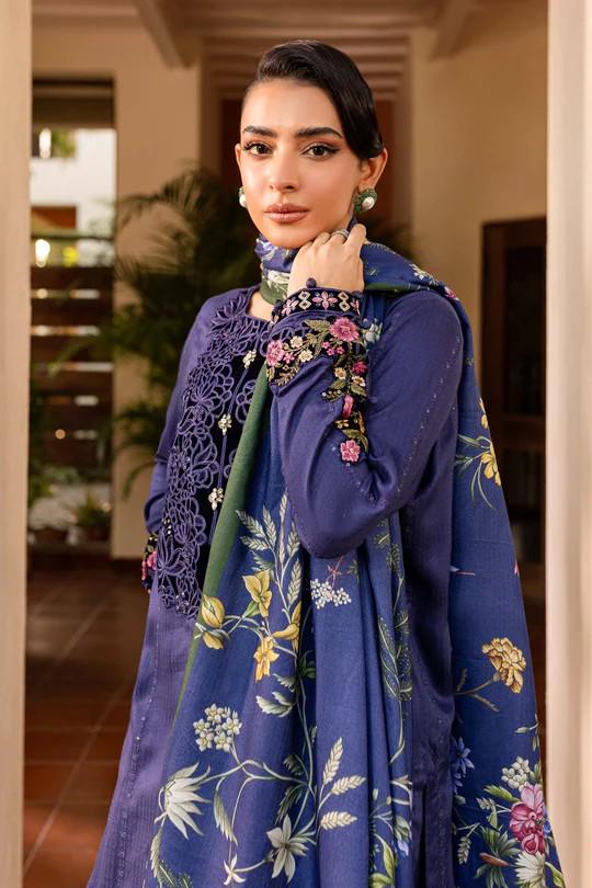 Maria.B - Farshi Shalwar Suit - 3 Piece Embroidered Linen Suit  (Medium, Large) - Blue