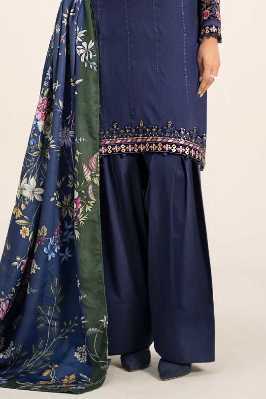 Maria.B - Farshi Shalwar Suit - 3 Piece Embroidered Linen Suit  (Medium, Large) - Blue