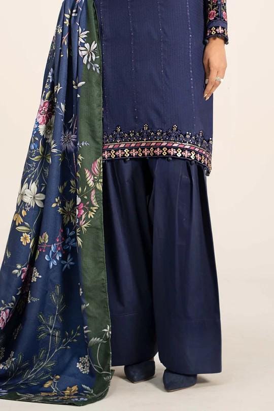 Maria.B - Farshi Shalwar Suit - 3 Piece Embroidered Linen Suit - Blue
