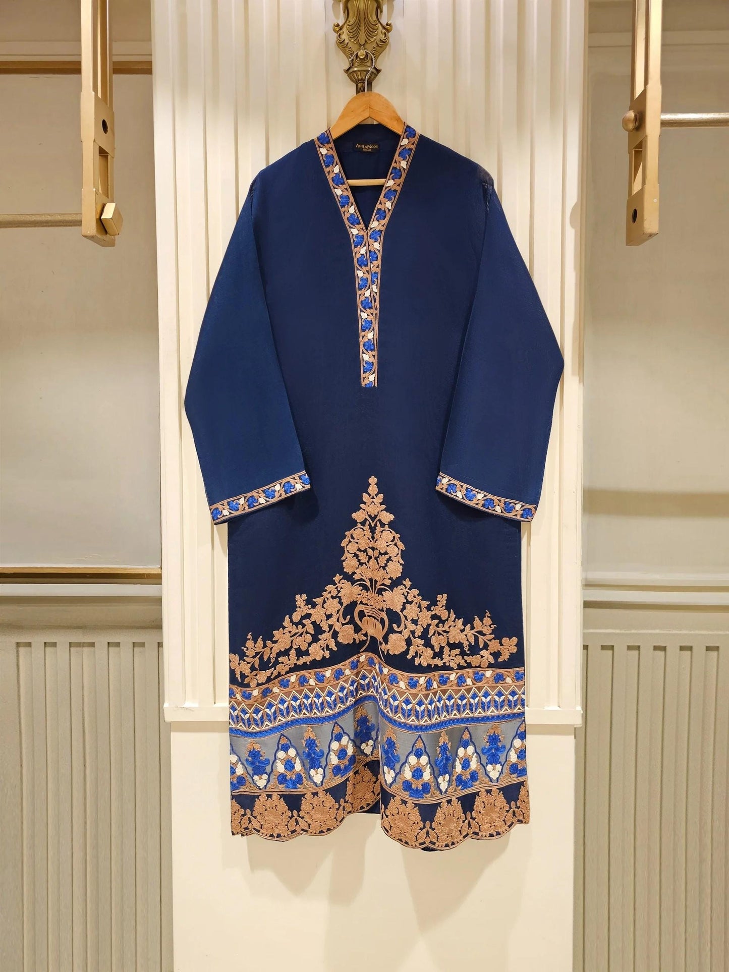 Aghanoor 2 Piece Pure Cotton Net Embroidered Suit Size (Medium, Large) - Navy Blue