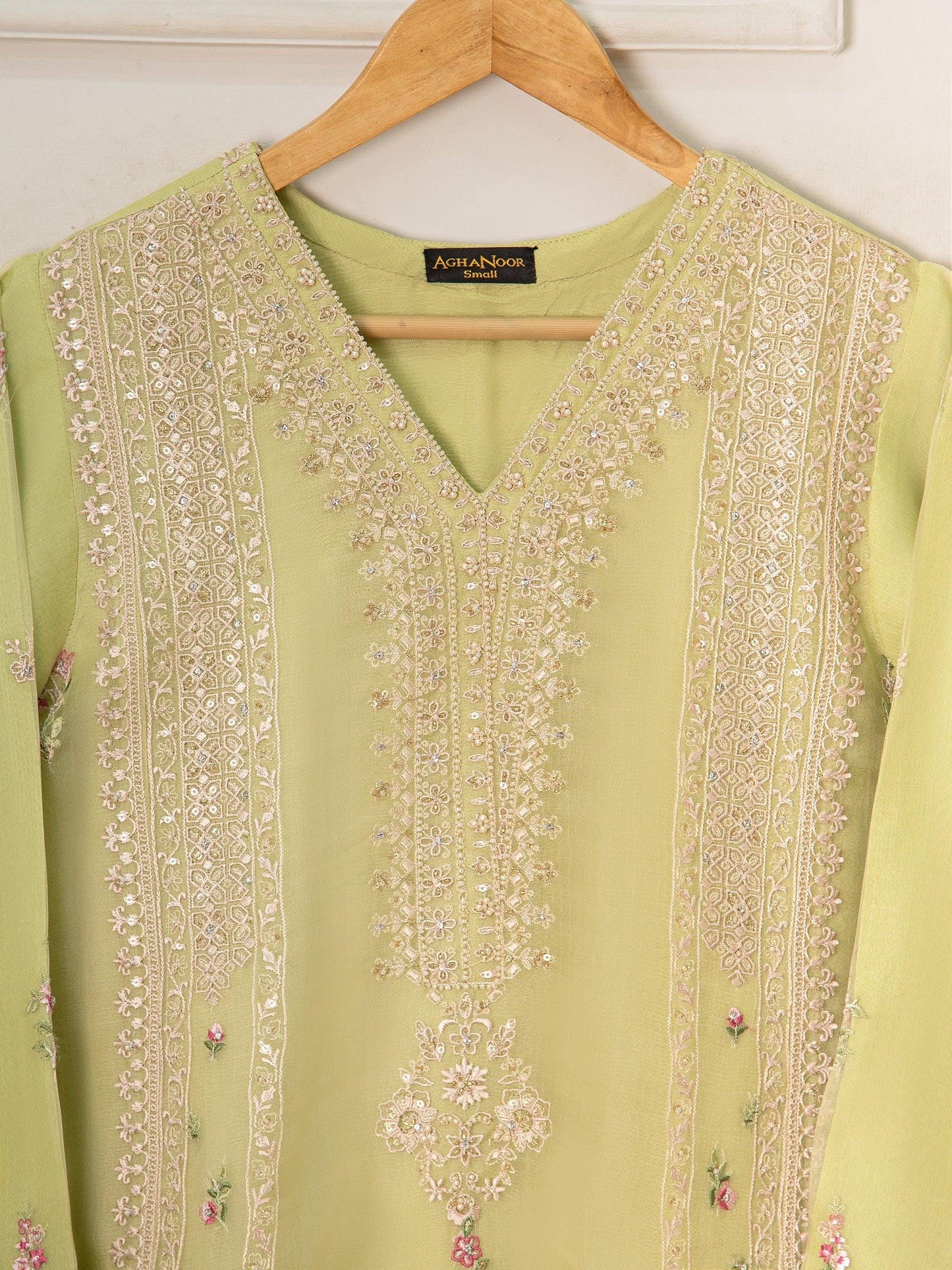 Aghanoor 3 Piece Heavily Embroidered Organza Suit - Pista Green
