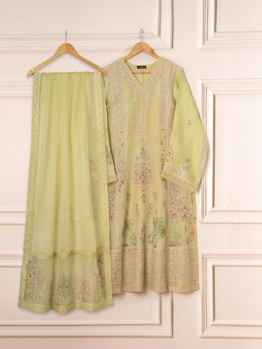 Aghanoor 3 Piece Heavily Embroidered Organza Suit - Pista Green