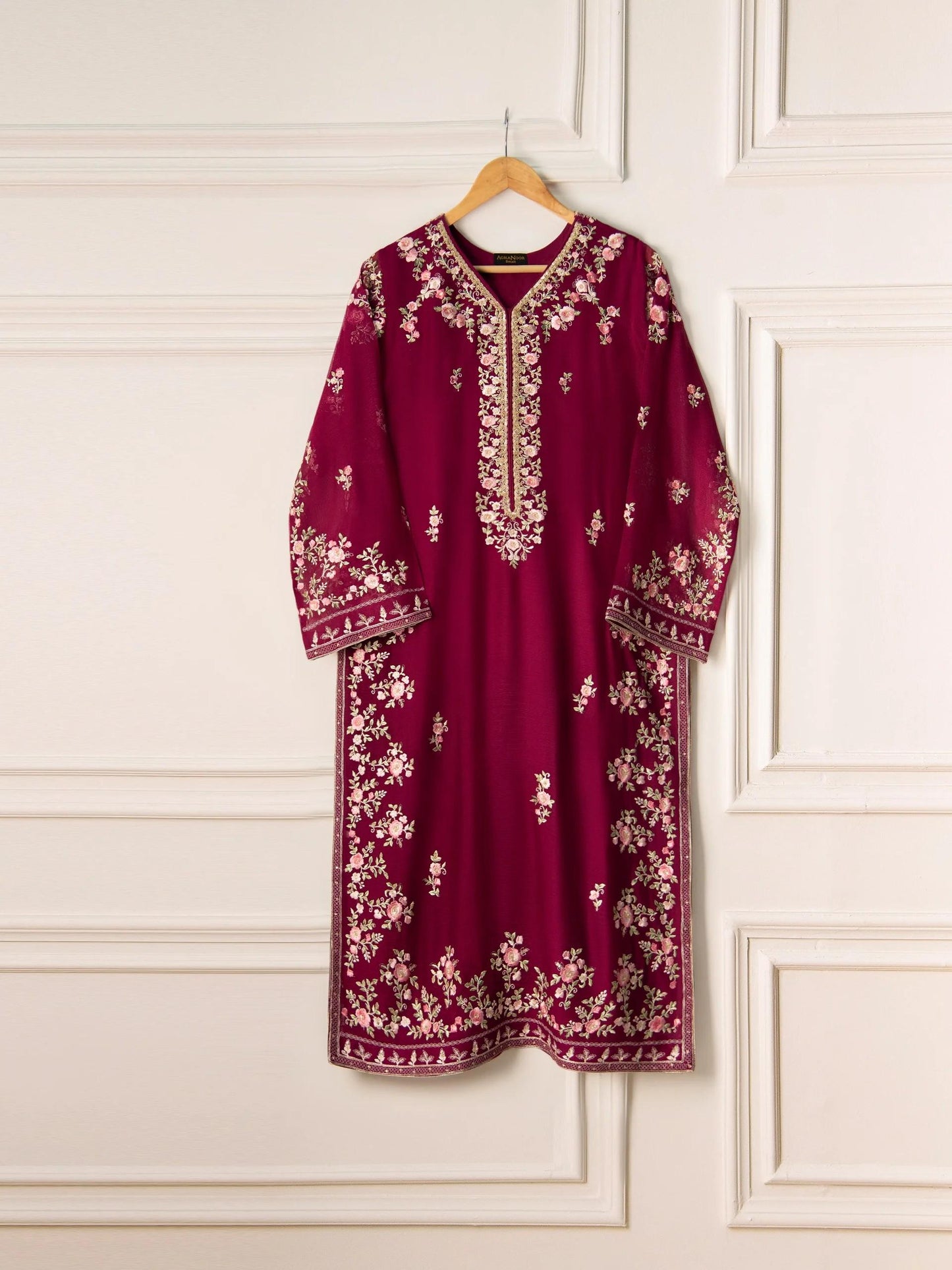 Aghanoor 2 Piece Pure Cotton Net Embroidered Suit Size (Small) Raw Silk Pants - Purple
