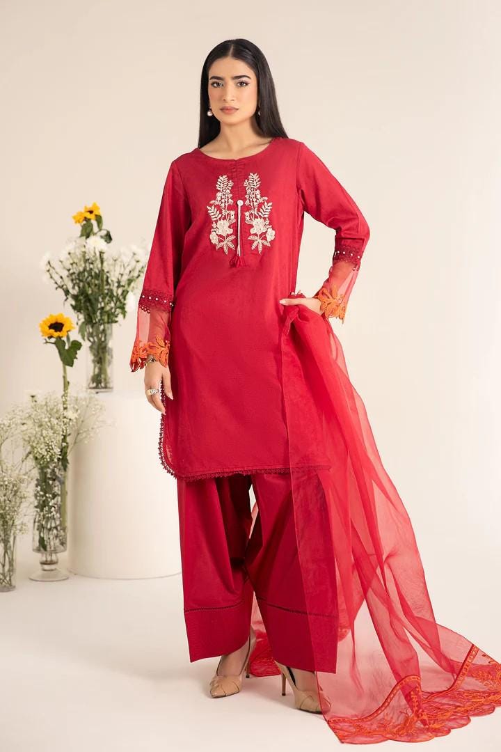 Maria.B - 3 Piece Farshi Shalwar Embroidered Self Jacquard Lawn Suit - (Size Large)