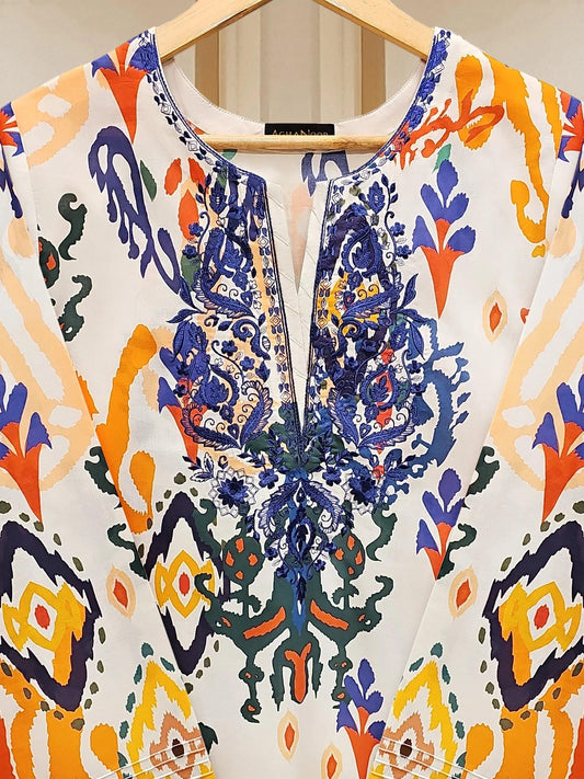 Aghanoor Digital Printed Cambric Embroidered Shirt- India Pakistan Bangladesh
