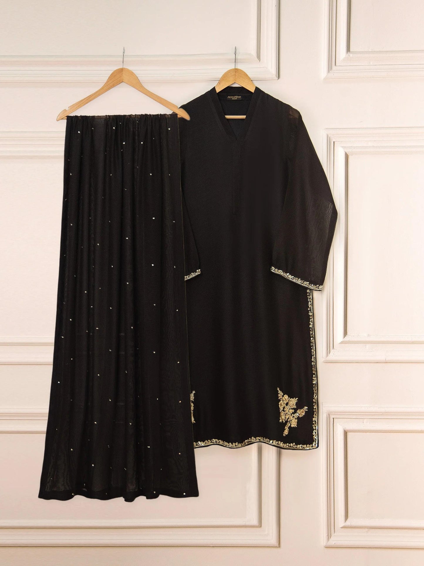 Aghanoor 3 Piece Pure Cotton Net Embroidered Suit Size - (Medium) Silk Pants Black