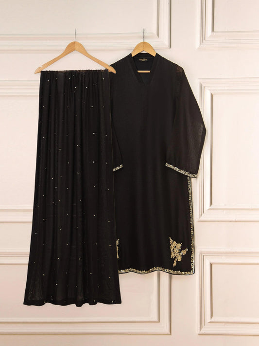 Aghanoor 3 Piece Pure Cotton Net Embroidered Suit Size - (Medium) Silk Pants Black