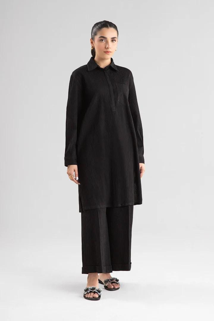Maria.B - 2 Pc Dyed Seersucker Suit - Size - Large - Black