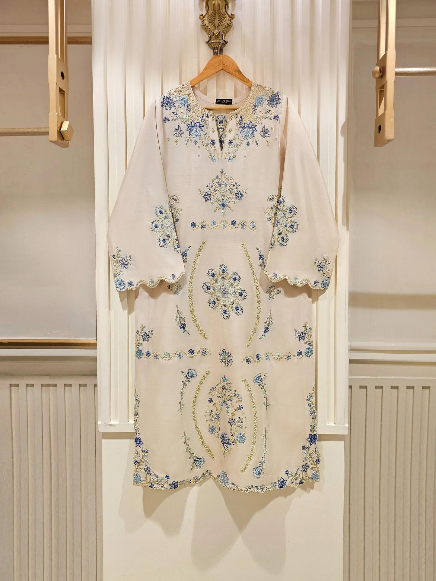Agha Noor 3 Piece -  Pure Khaadi Silk Embroidered Suit - Off White