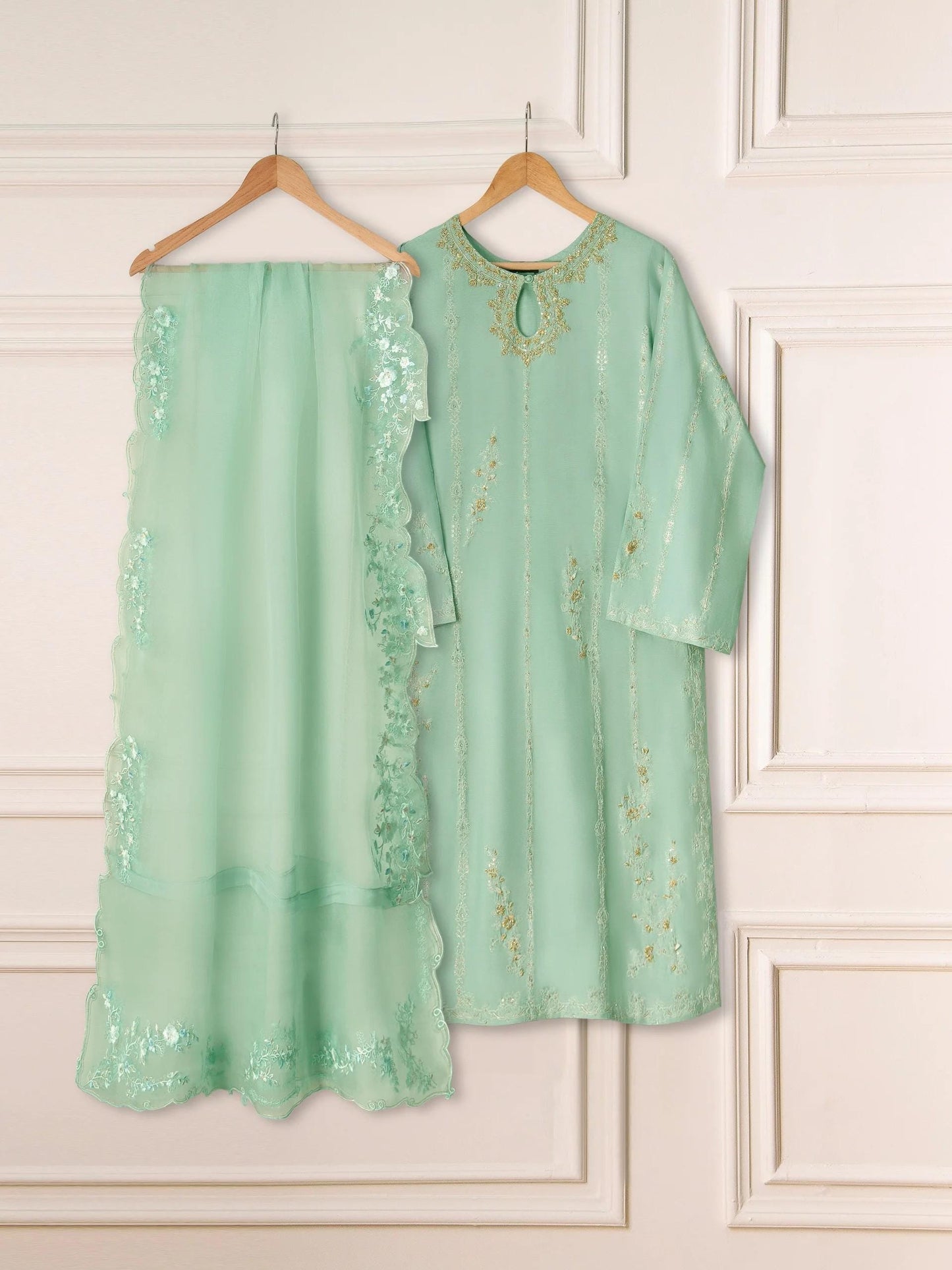 Aghanoor 3 Piece -  Pure Khaddi Silk Embroidered Suit - Ferozi (Size - Medium)