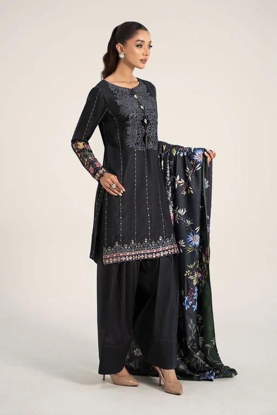 Maria.B - Farshi Shalwar Suit - 3 Piece Embroidered Linen Suit  (Medium, Large) - Black