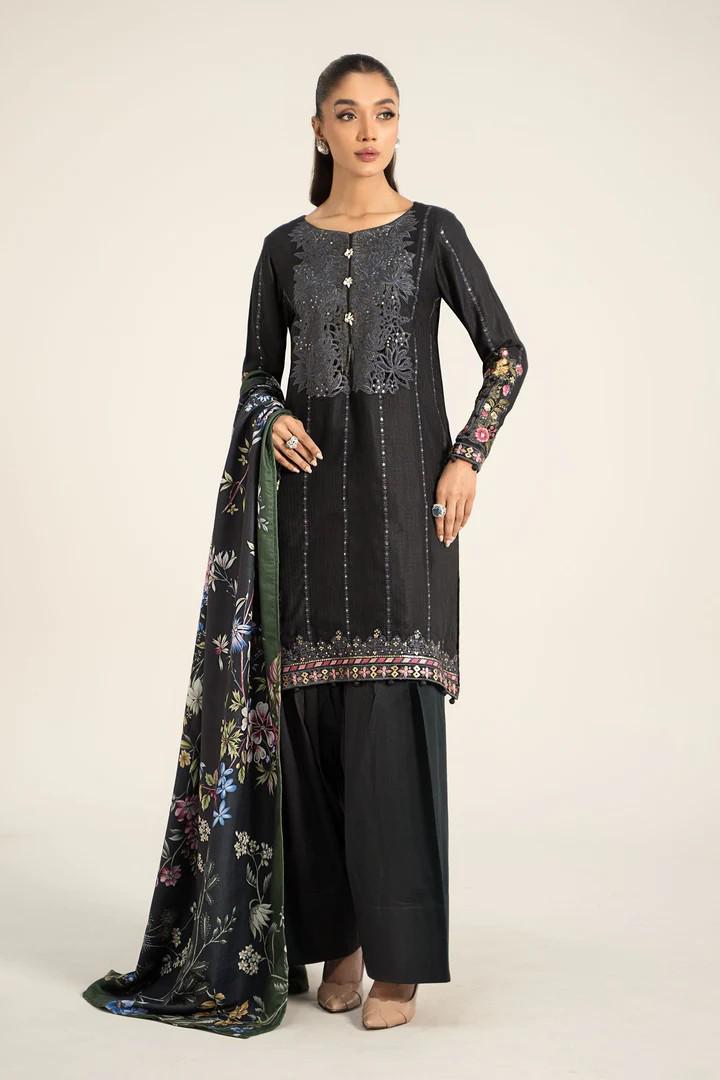 Maria.B - Farshi Shalwar Suit - 3 Piece Embroidered Linen Suit  (Medium, Large) - Black