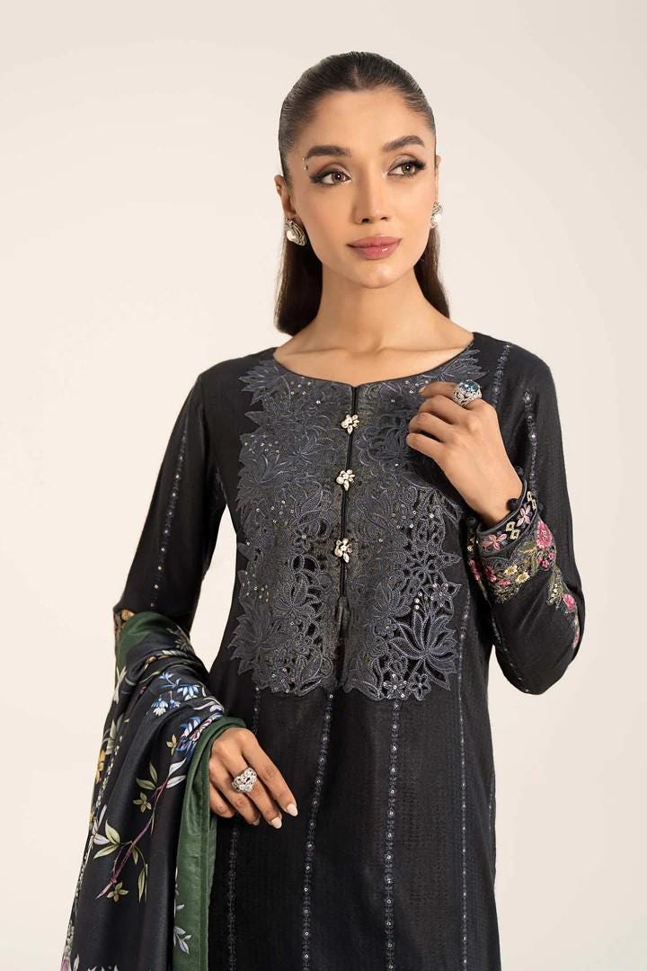 Maria.B - Farshi Shalwar Suit - 3 Piece Embroidered Linen Suit  (Medium, Large) - Black