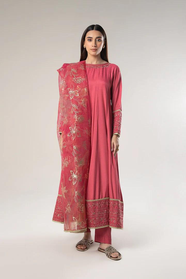 Embroidered Raw Silk Suit: Coral Pink Pishwas & Organza Dupatta