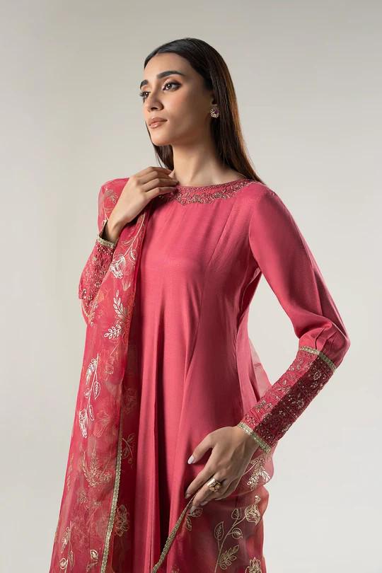 Embroidered Raw Silk Suit: Coral Pink Pishwas & Organza Dupatta