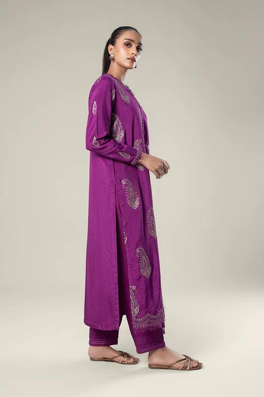 Embroidered Raw Silk Suit: Purple Organza Dupatta - Maria.B (Medium) - Shirt and Dupatta