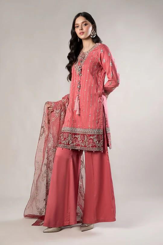 Maria.B - 3 Piece Embroidered Satin Suit  (Large) - Organza Dupatta