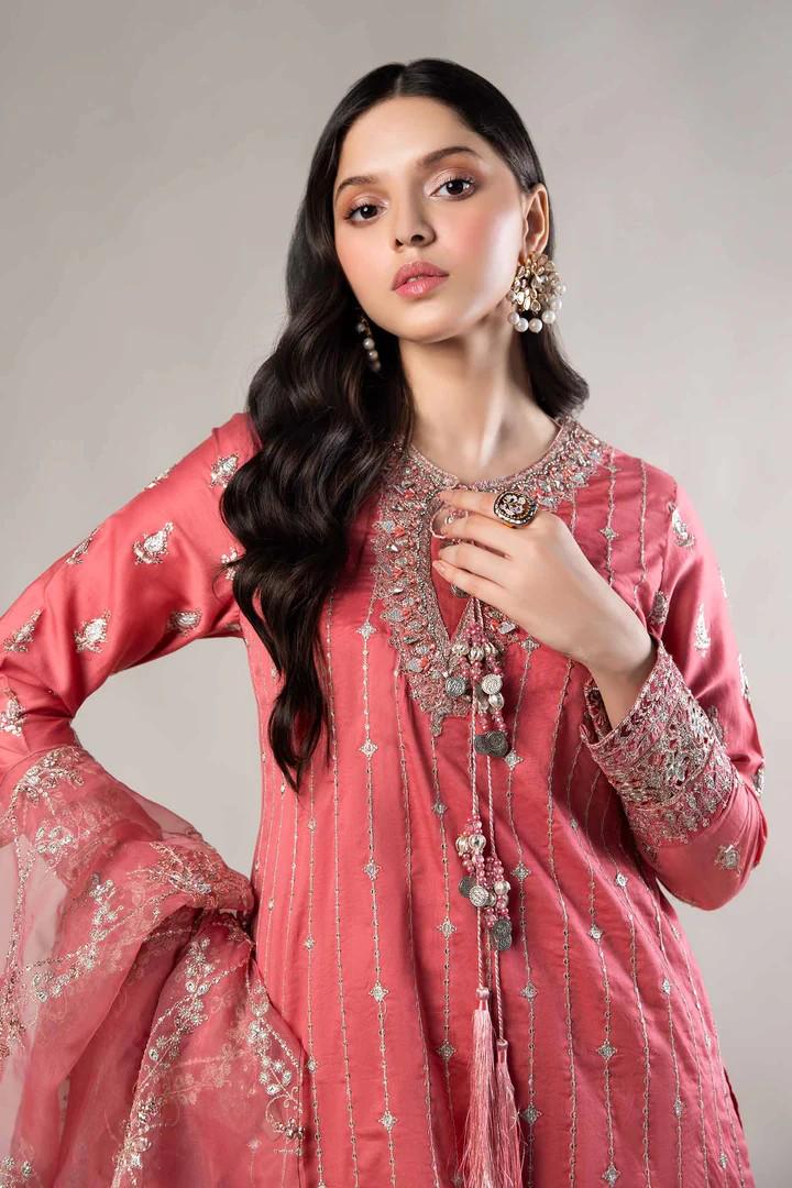 Maria.B - 3 Piece Embroidered Satin Suit  (Large) - Organza Dupatta