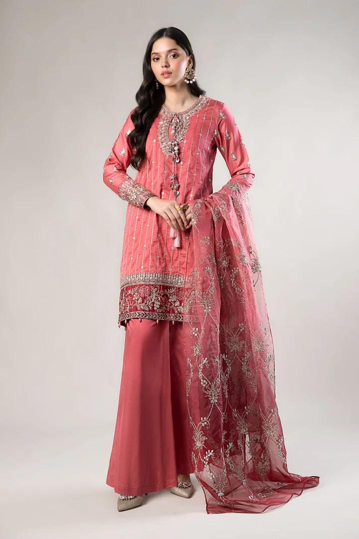 Maria.B - 3 Piece Embroidered Satin Suit  (Large) - Organza Dupatta