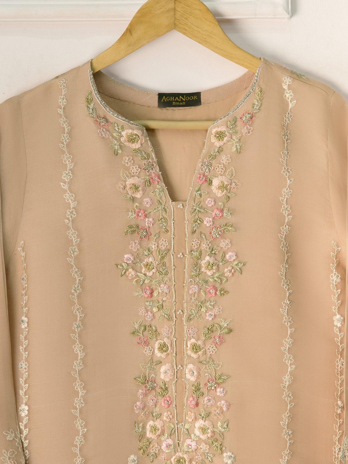 Agha noor 3 Piece Embroidered Organza Suit -Size  (Large) - Beige