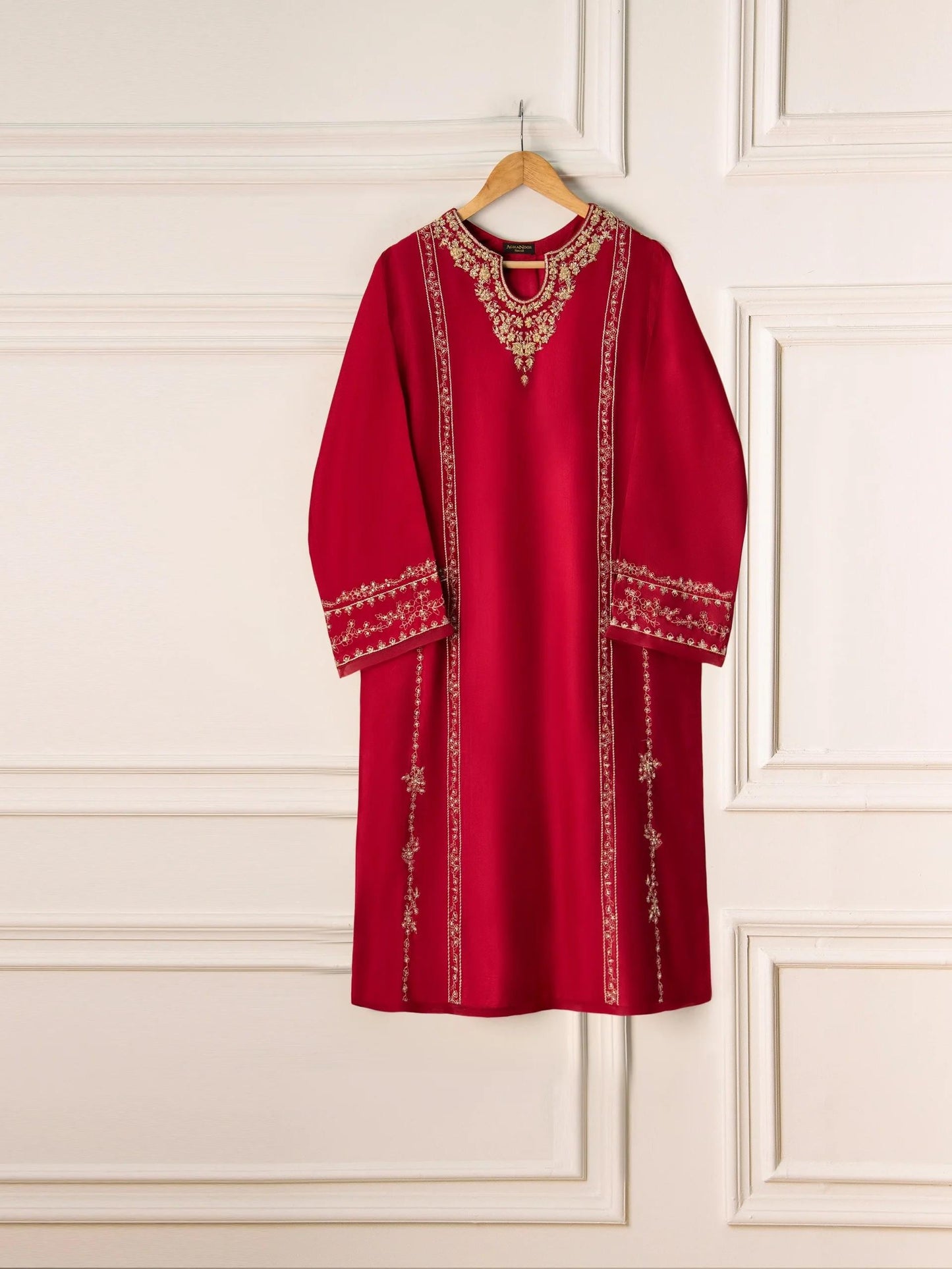 Agha noor 2 piece - Pure Silk Net Embroidered Suit - Maroon (Large) - Raw Silk  Pants