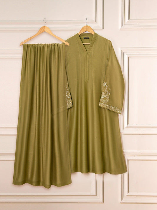 Agha noor 3 Piece Pure Cotton Net Embroidered Suit (Size Large, Medium) - Green