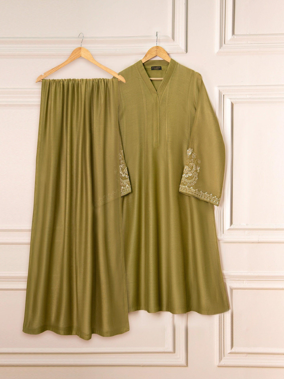 Agha Noor 3 Piece Pure Cotton Net Embroidered Suit - Green
