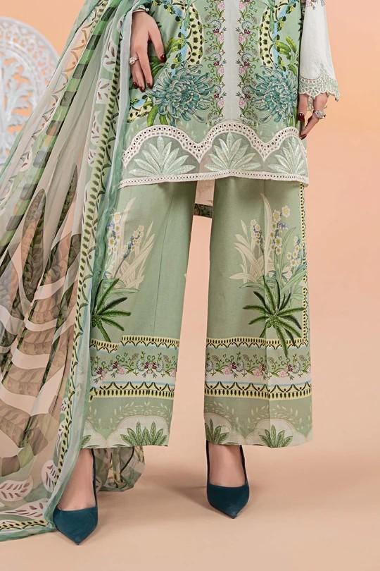 Maria.B - 3 Piece Printed Lawn Suit  (Large) - Green Palm Tree Design