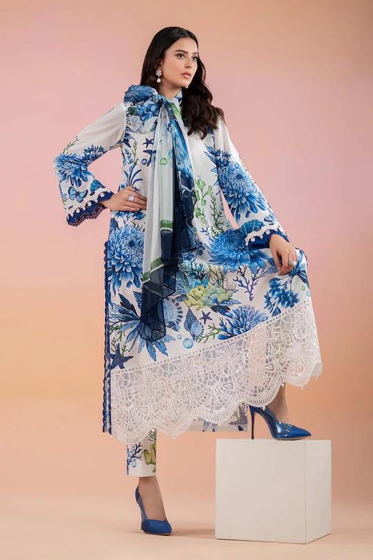 Maria.B - 3 Piece Printed Lawn Suit  (Large) - White & Blue
