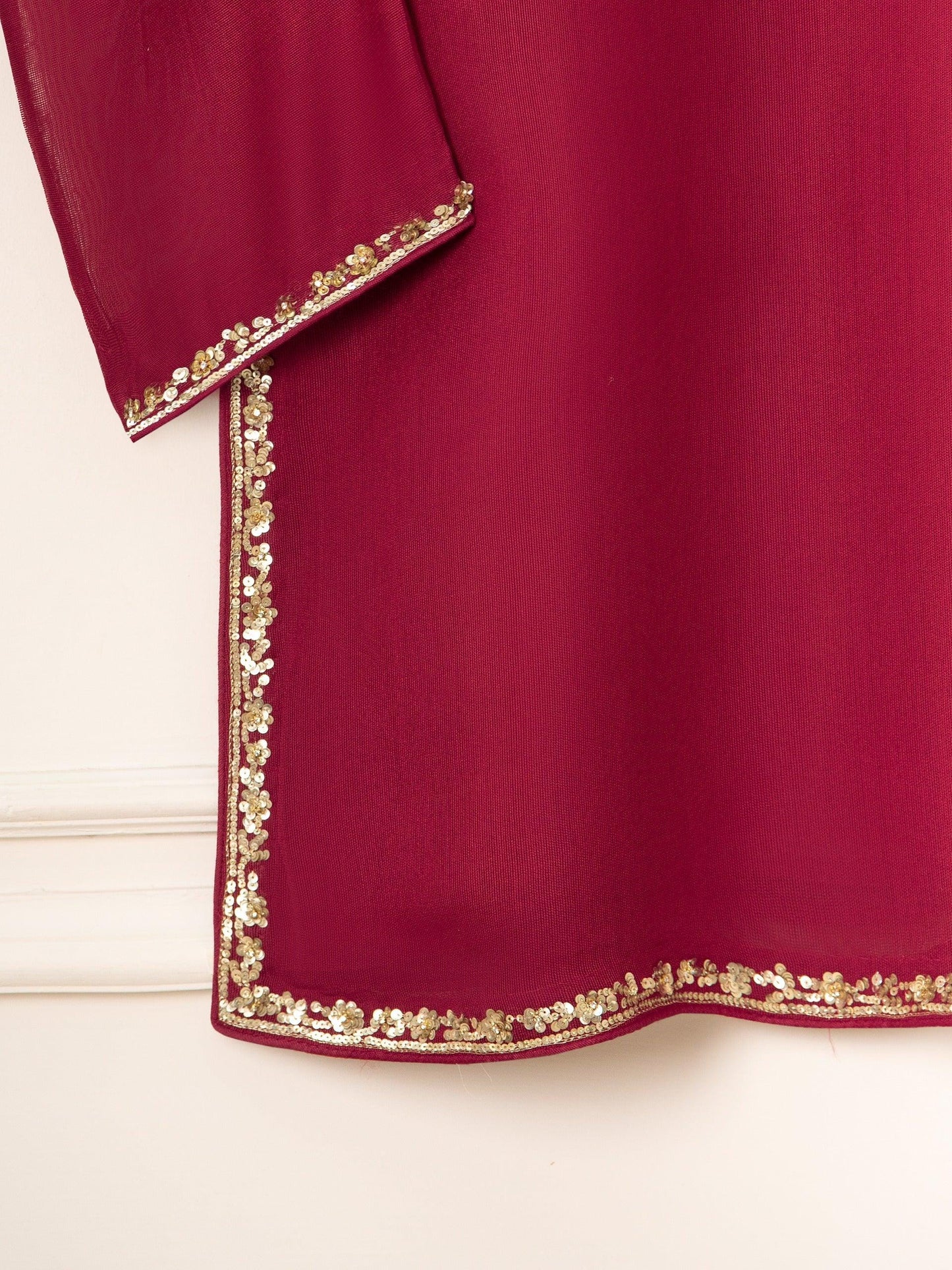 Aghanoor 3 Piece Pure Cotton Net Embroidered Suit Size - Maroon - Korean Silk Pants