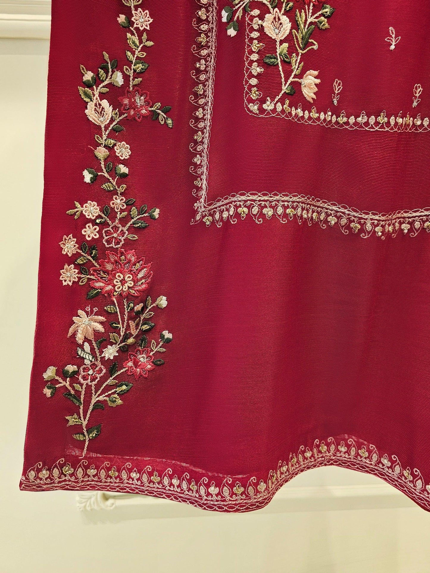 Agha Noor 3 Piece Embroidered Cotton Net Suit: Maroon; Silk Pants, Organza Dupatta