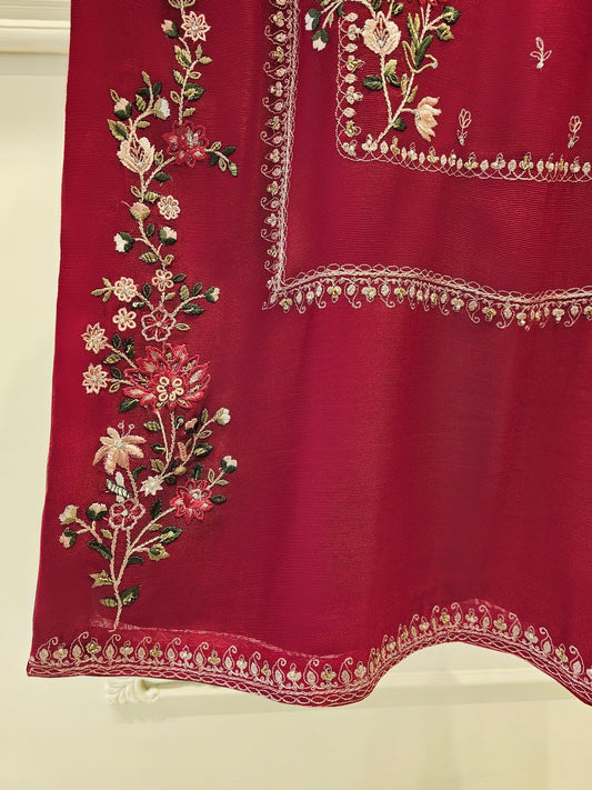 Agha Noor 3 Piece Embroidered Cotton Net Suit: Maroon; Silk Pants, Organza Dupatta
